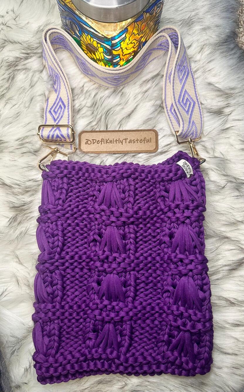 Hand Knit Purple T-Shirt Yarn Crossbody Bag: Boho Lake Erie Purse
